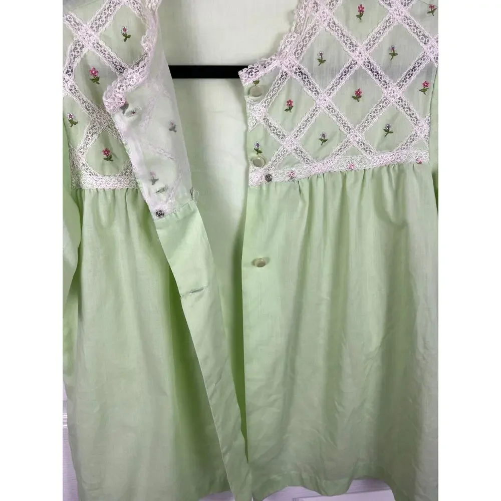 Vintage‎ 50s 60s cotton embroidered green floral lace button up night shirt L - Picture 5 of 9